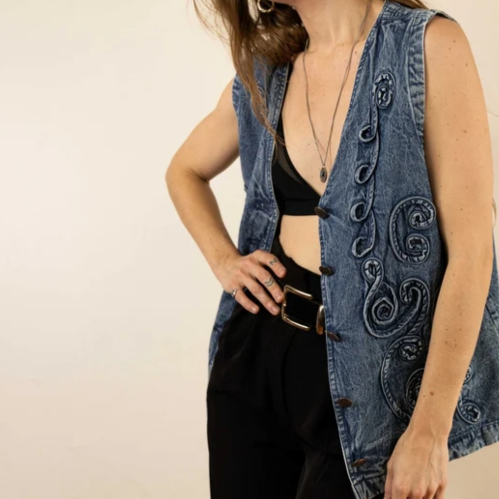 VTG | Boho Ribbon Style Embroidered Denim Vest